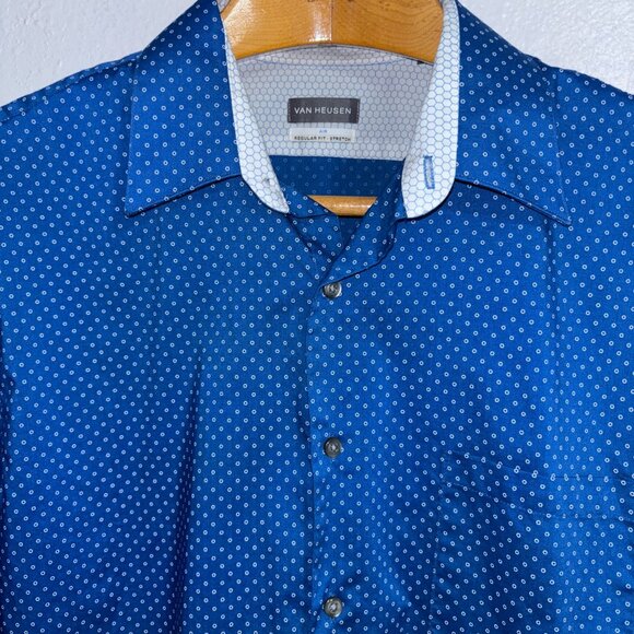 Van Heusen Air Blue Geometric Print Dress Shirt 16.5 34/35 Regular Fit Stretch - Picture 3 of 10